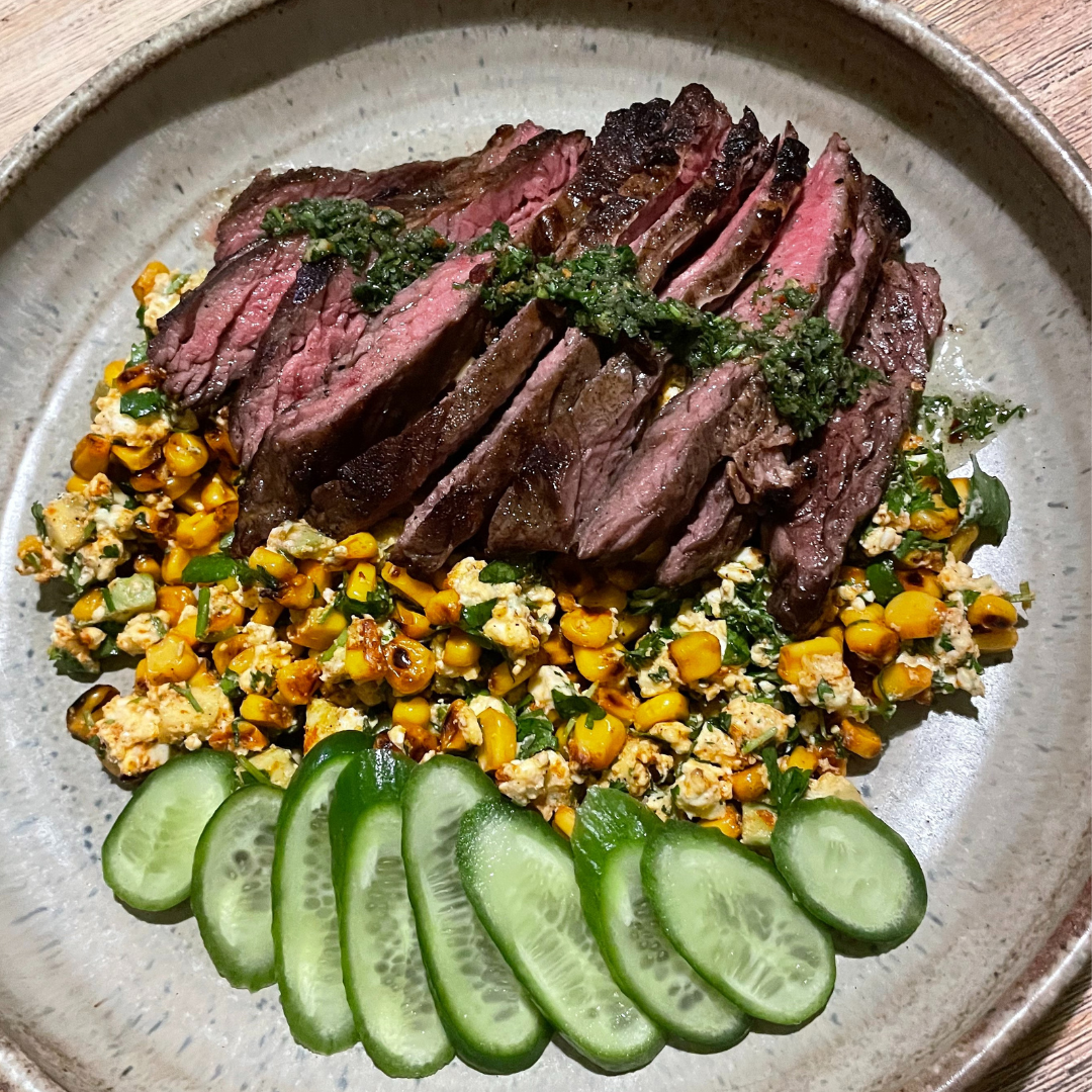 Pan seared skirt steak with lemon and herb gremolata & corn and feta salad